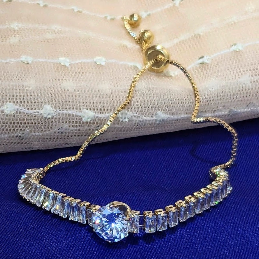 DIVA SERIES - Linear 5A Cubic Zirconia with Solitaire in 18k Gold Plating Anti Tarnish Water Resistant Chain Bracelet