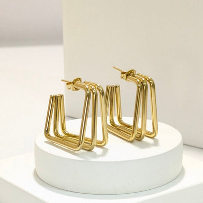 18k Gold Plated Anti Tarnish Water Proof Three layered Square Hoops Earrings