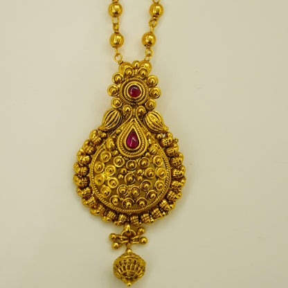 Elegant Tear Drop Shaped Ruby Studded Traditional Pure Brass Matte Gold Finish Pendant Set