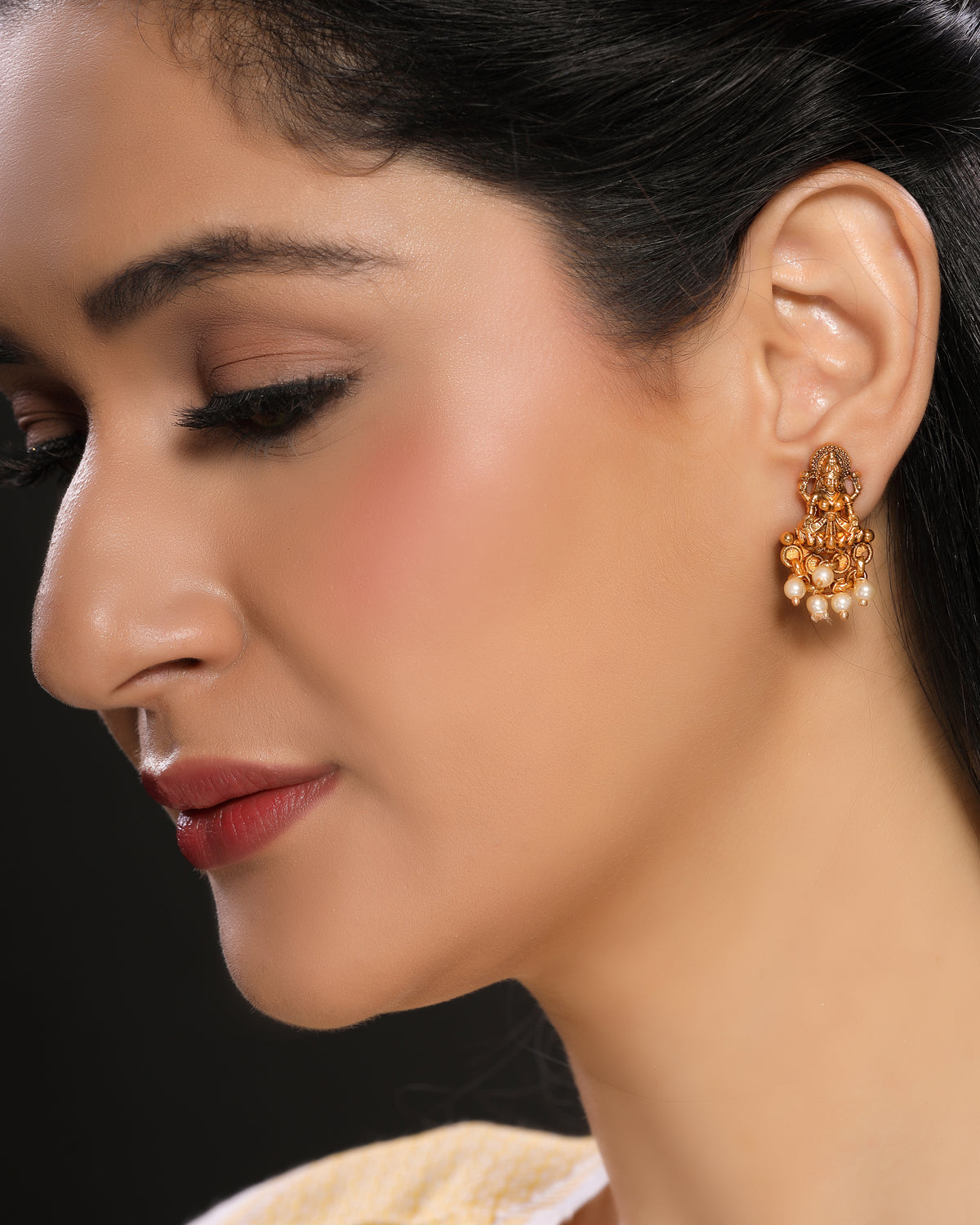 Laxmi Temple Studs with Ivory Pearls in 22K Matte Gold Finish