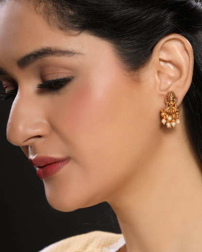 Ivory Pearl Studded Laxmi Brass Traditional Temple Studs in 18KT Gold Plated Matte finish