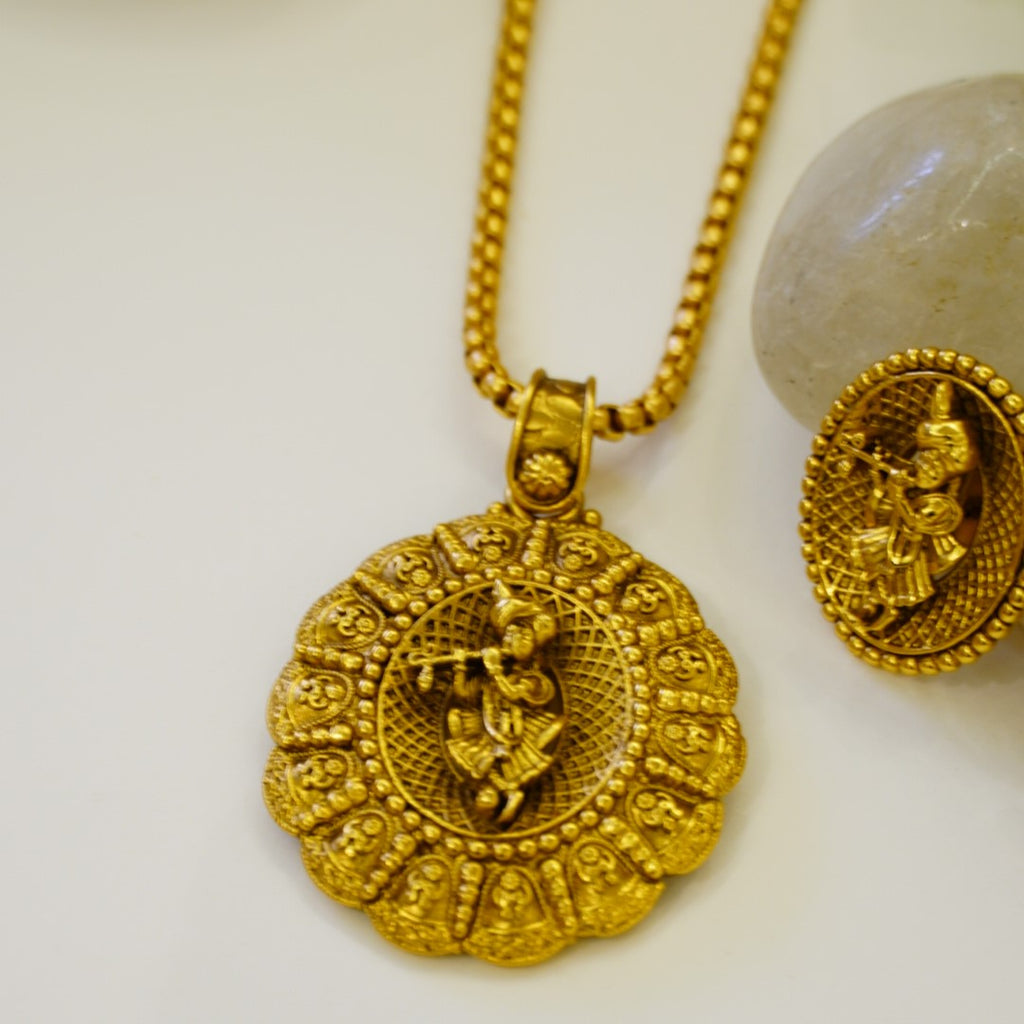 Krishna Oval Flowery Temple Pendant Set