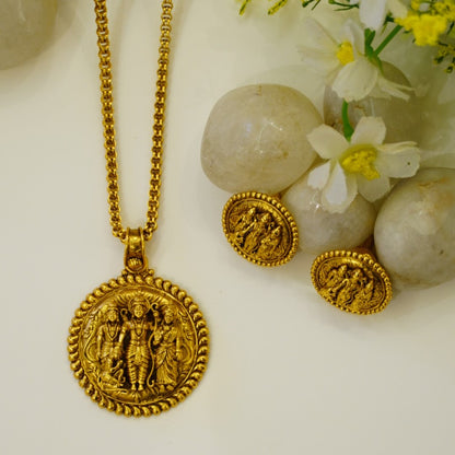 High End Pure Brass Matte Gold Finish Ram Darbar Temple Pendant Set