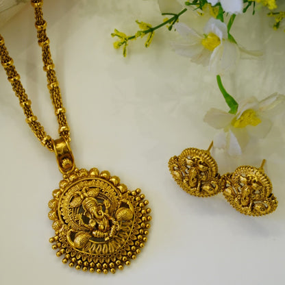 Welcome Ganesha Heart Shaped Pure Brass Matte Gold Finish Temple Pendant Set