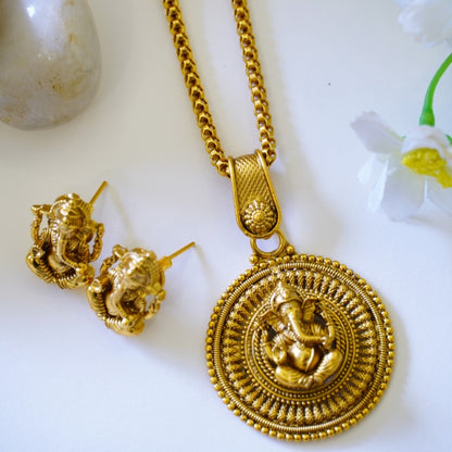 Traditional Matte Finish Gold Plated Pure Brass Ganesh Temple Pendant Set