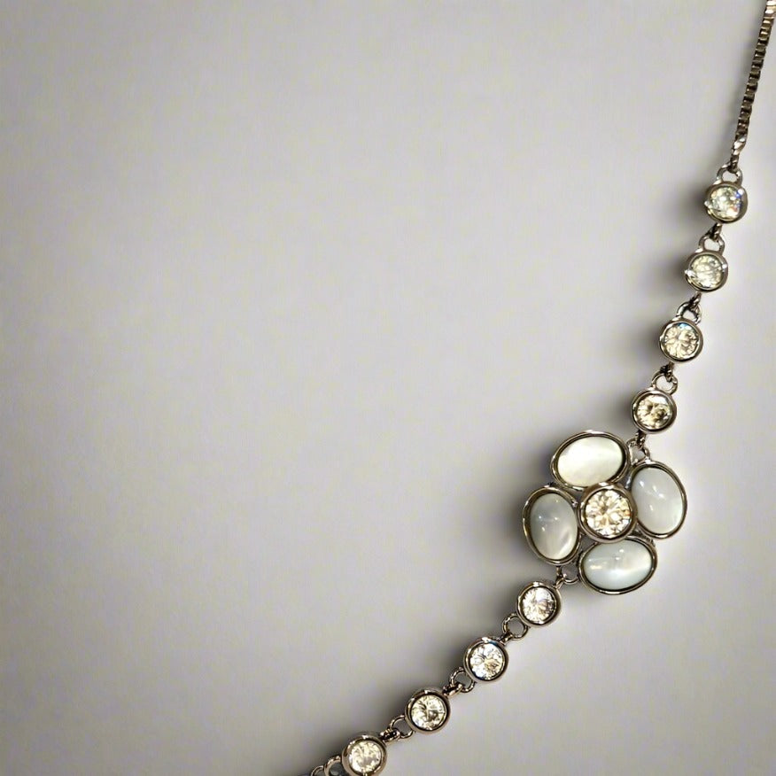 Mother of Pearl Flower with 5A Zirconia Oxidized Brass Chain Bracelet