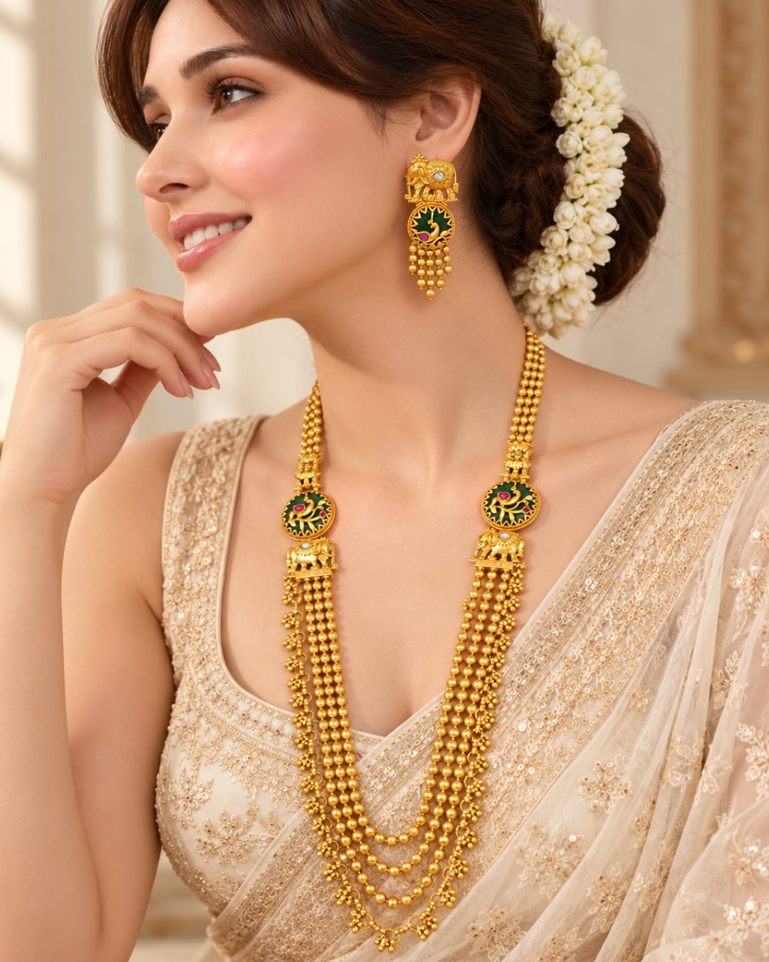 Long Gold-Plated Multilayer Beaded Elephant Emerald Necklace Set