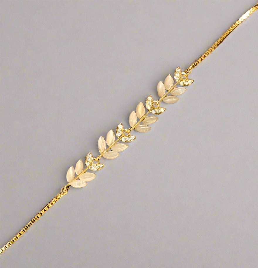 PRIMA DONNA SERIES - Leafy Beige Crystals with 5A Zirconia in 18k Gold Plated Brass Chain Bracelet