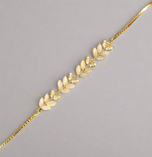 PRIMA DONNA SERIES - Leafy Beige Crystals with 5A Zirconia in 18k Gold Plated Brass Chain Bracelet