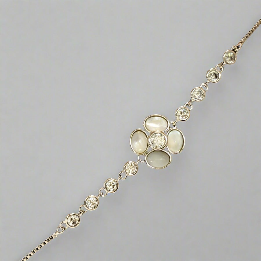 PRIMA DONNA SERIES - Rhodium Plated Brass Chain Bracelet with Flower shaped Mother of Pearl and 5A Zirconia