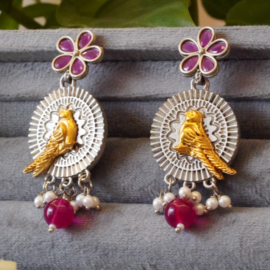 Beautifully Crafted Dual Toned Floral & Bird Motif, Crystal Bead Accents & Delicate Pearls Oxidized Earrings