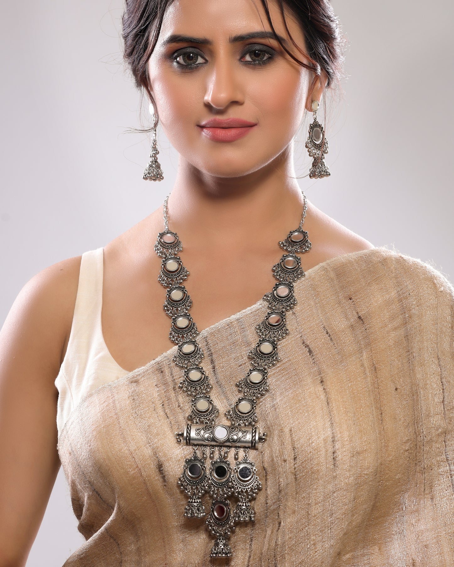 Silver Oxidized Mirror Studded Long Necklace Set with Dangler Jhumka Earrings