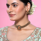 Green & Golden Beaded Laxmi Temple Choker Set