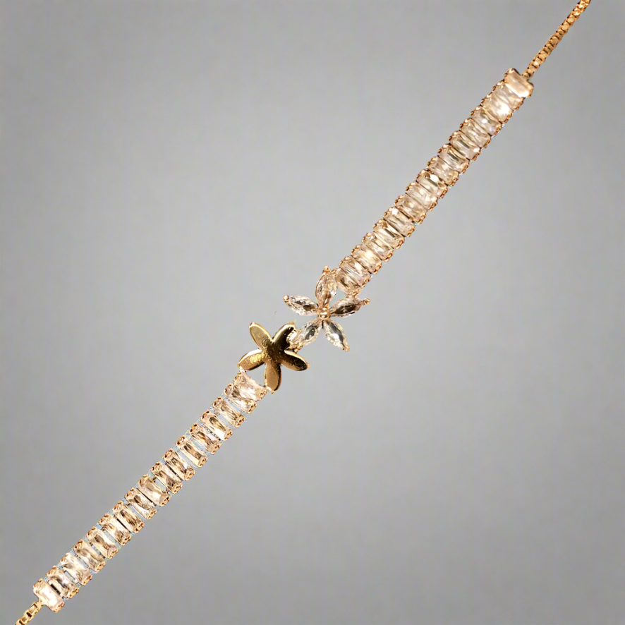 PRIMA DONNA SERIES - 5A Zirconia Flower with Cubic 5A Zirconia String Rose Gold Plated Brass Chain Bracelet