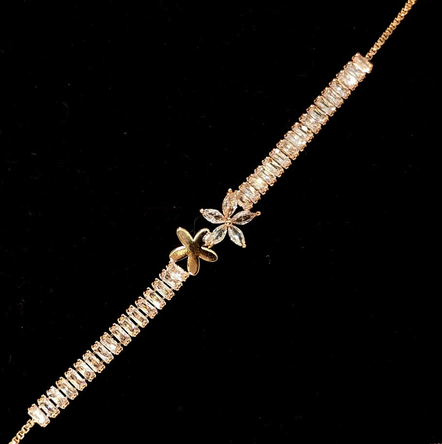 PRIMA DONNA SERIES - 5A Zirconia Flower with Cubic 5A Zirconia String Rose Gold Plated Brass Chain Bracelet