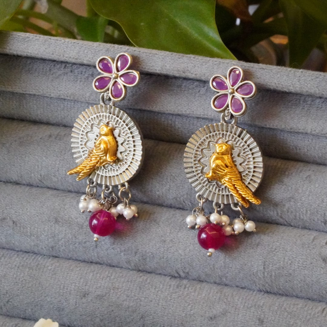 Beautifully Crafted Dual Toned Floral & Bird Motif, Crystal Bead Accents & Delicate Pearls Oxidized Earrings