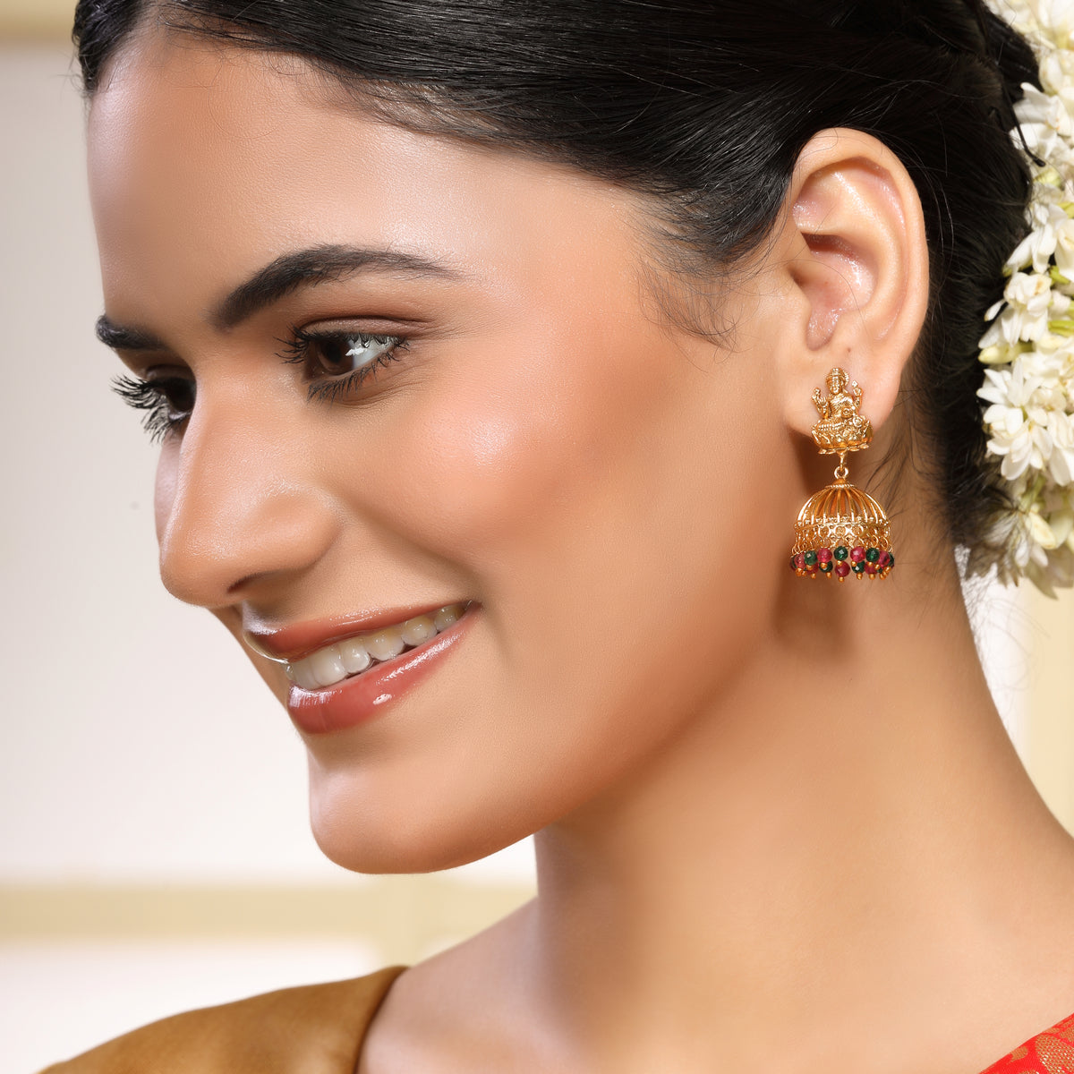 Antique Laxmi Temple Jhumka, 22KT Gold Matte, Red-Green Pearls