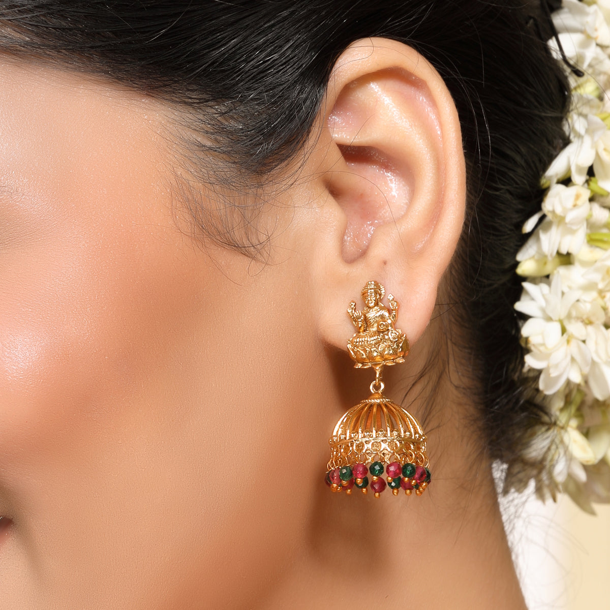 Antique Laxmi Temple Jhumka, 22KT Gold Matte, Red-Green Pearls