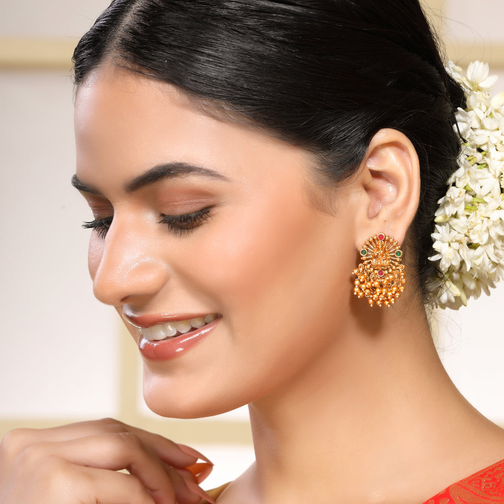 Heritage Laxmi Temple Big Studs with Faux Ruby Faux Emerald & 22KT Matte Gold