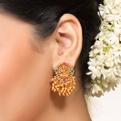 Ruby and Emerald Studded Laxmi Traditional Temple Big Brass Studs with Golden Pearls in 22KT Gold Plated Matte Finish