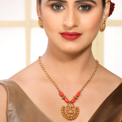 Elegant Traditional Brass Laxmi Temple Pendant Set with Stud Earrings in 18KT Gold Plating Matte Finish