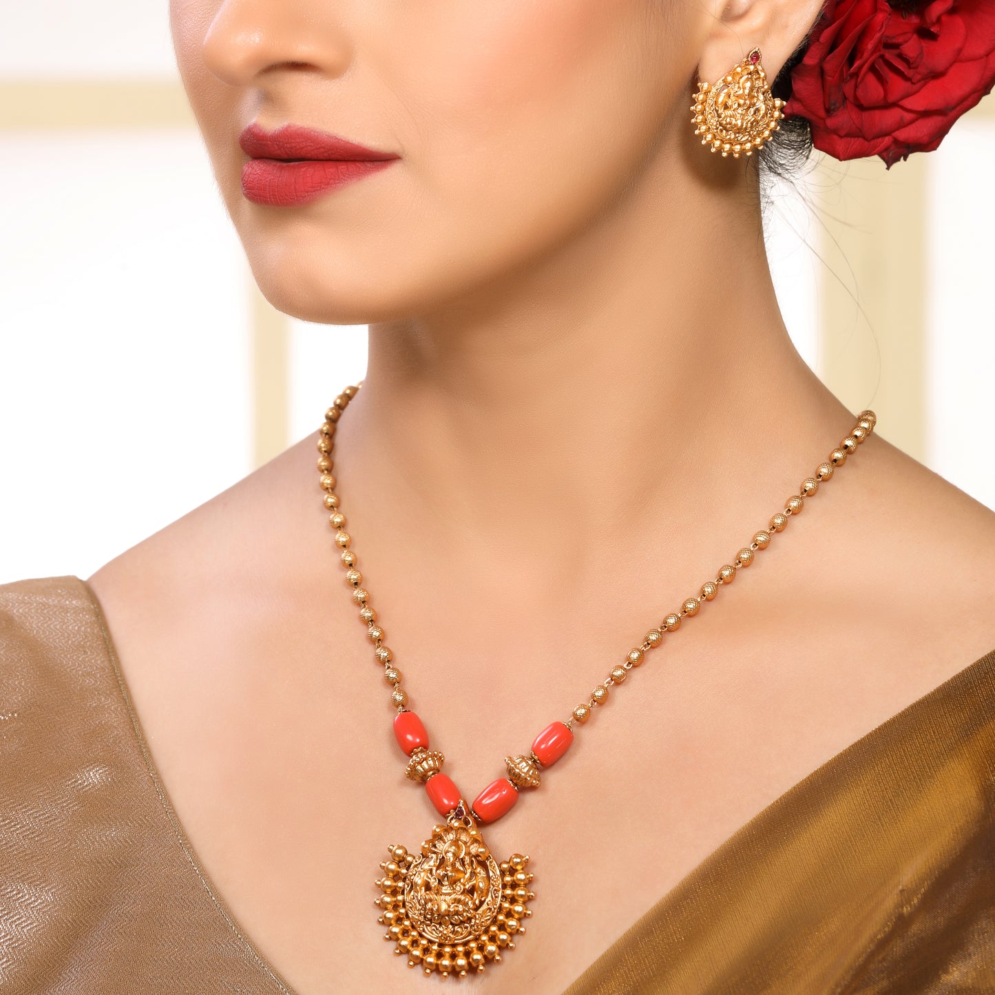 Elegant Traditional Brass Laxmi Temple Pendant Set with Stud Earrings in 18KT Gold Plating Matte Finish