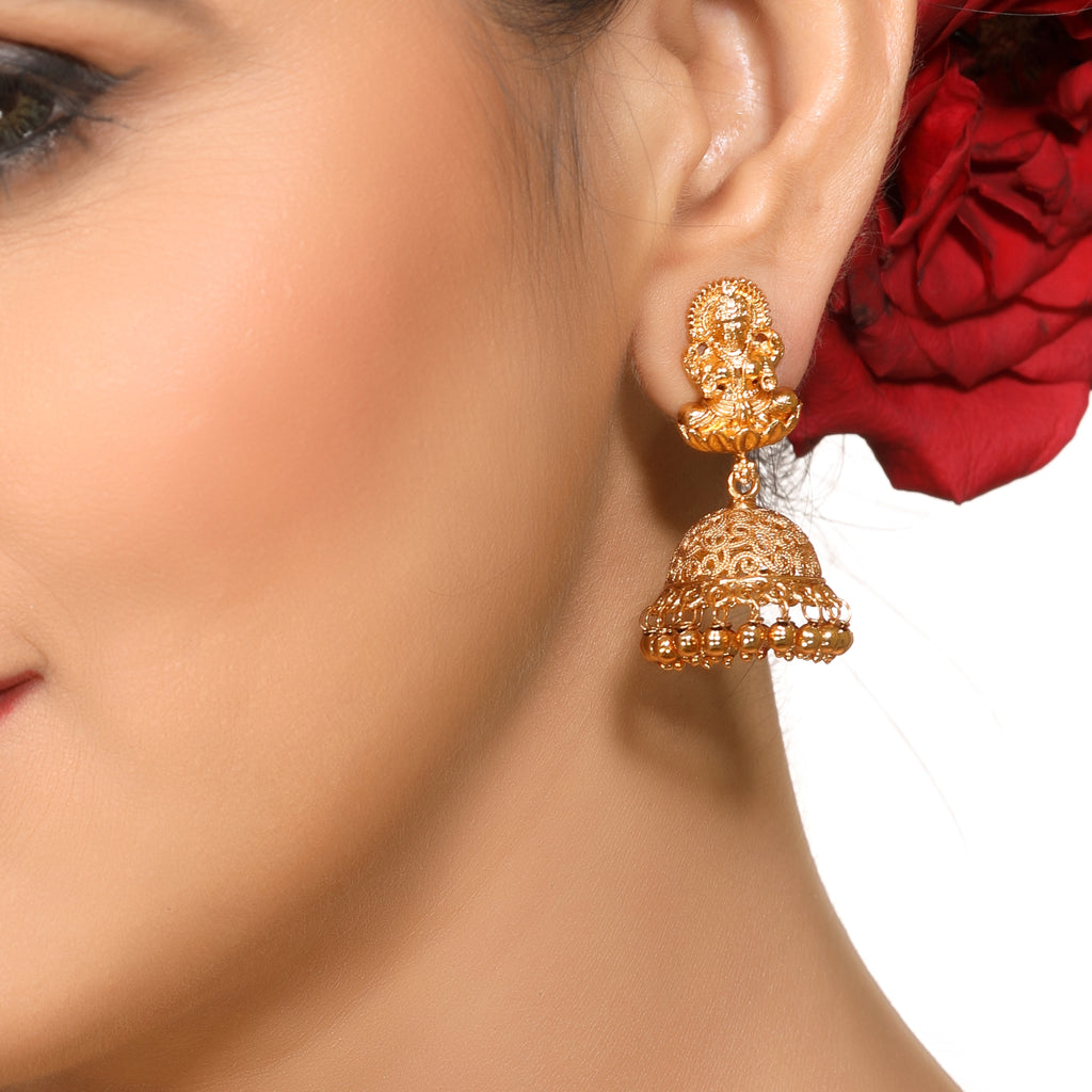 Exquisite Laxmi Temple Brass Jhumka in 22KT Gold Plating (Matte Finish)