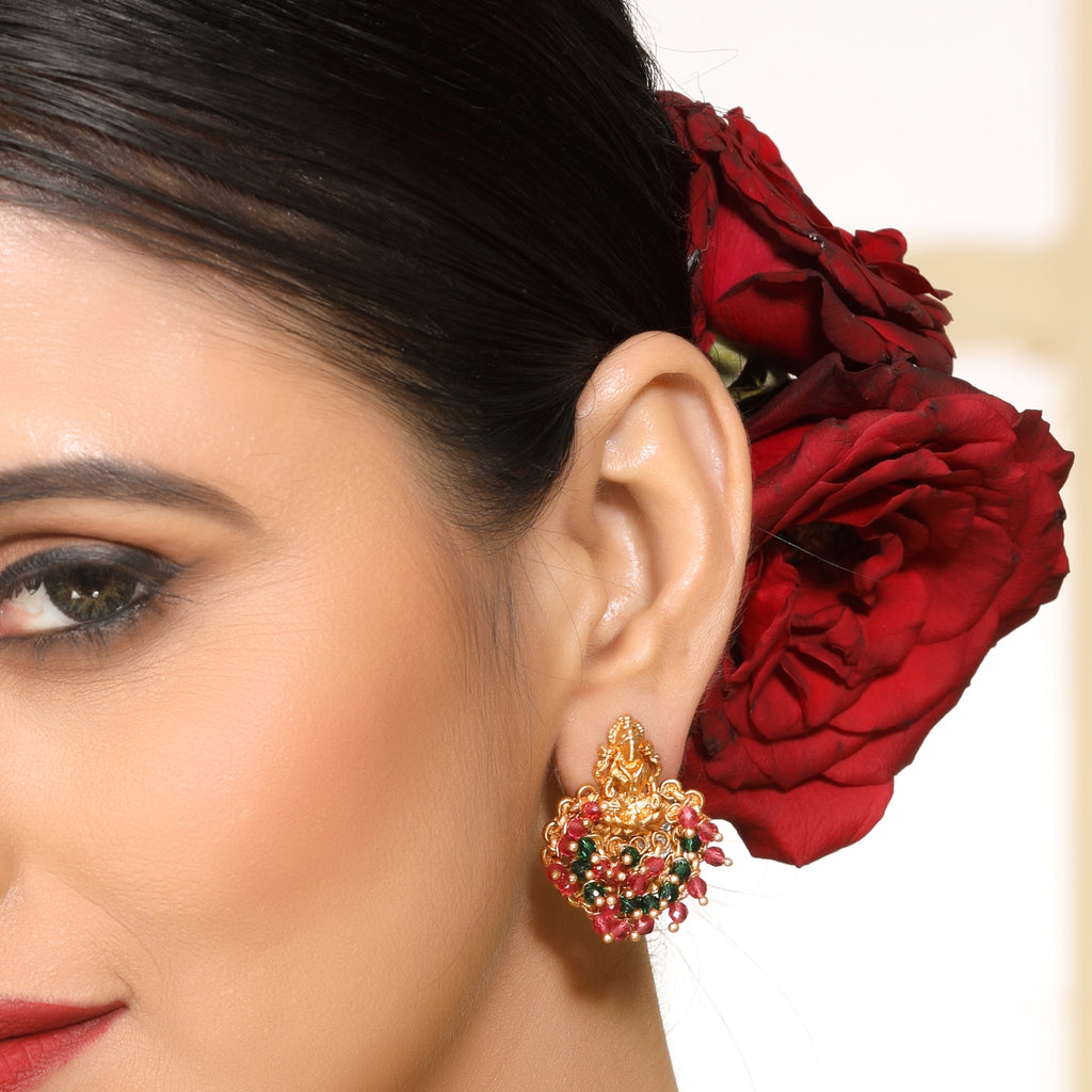 Ethnic Laxmi Temple Brass Studs with Red & Green Crystals in 22KT Gold Matte