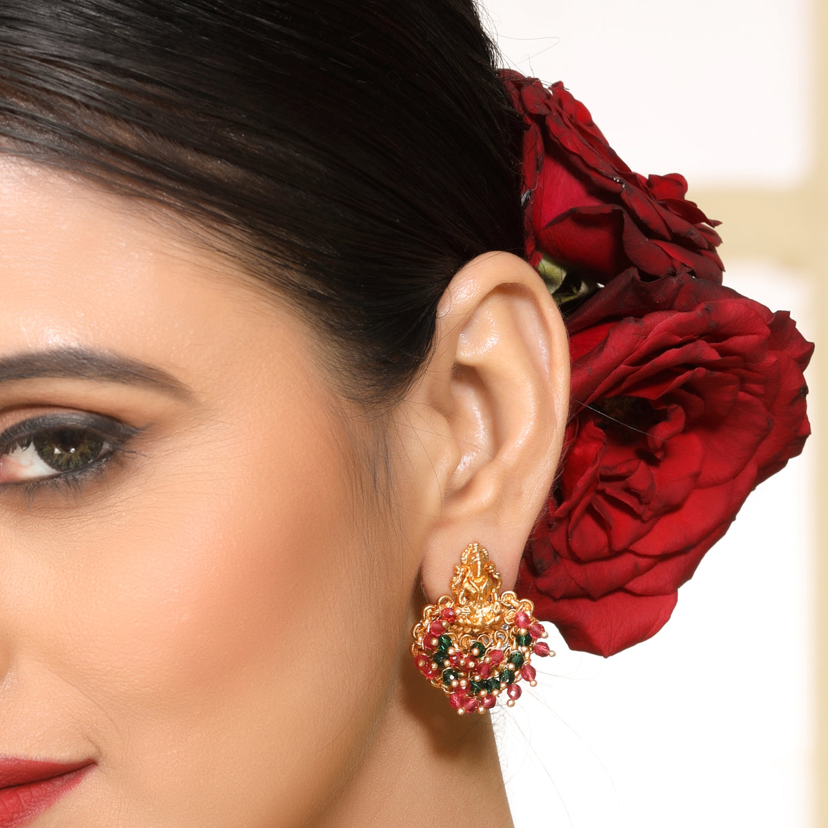 Ethnic Laxmi Temple Brass Studs with Red & Green Crystals in 22KT Gold Matte