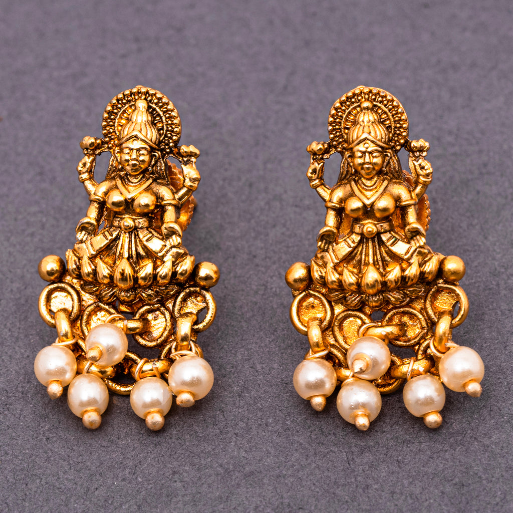 Laxmi Temple Studs with Ivory Pearls in 22K Matte Gold Finish