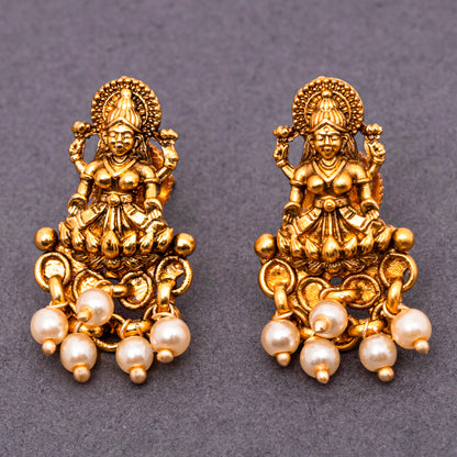 Ivory Pearl Studded Laxmi Brass Traditional Temple Studs in 18KT Gold Plated Matte finish