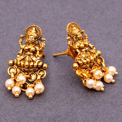 Ivory Pearl Studded Laxmi Brass Traditional Temple Studs in 18KT Gold Plated Matte finish