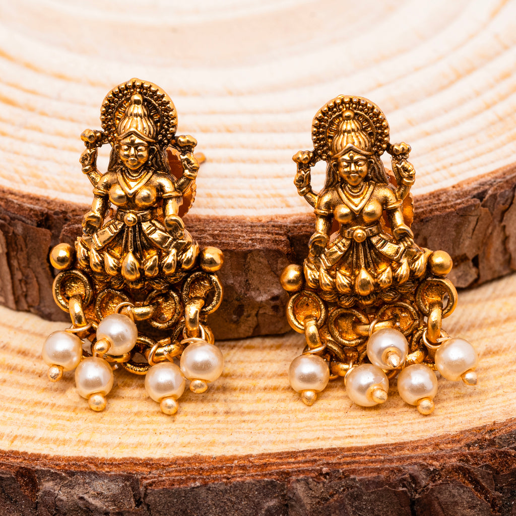 Laxmi Temple Studs with Ivory Pearls in 22K Matte Gold Finish