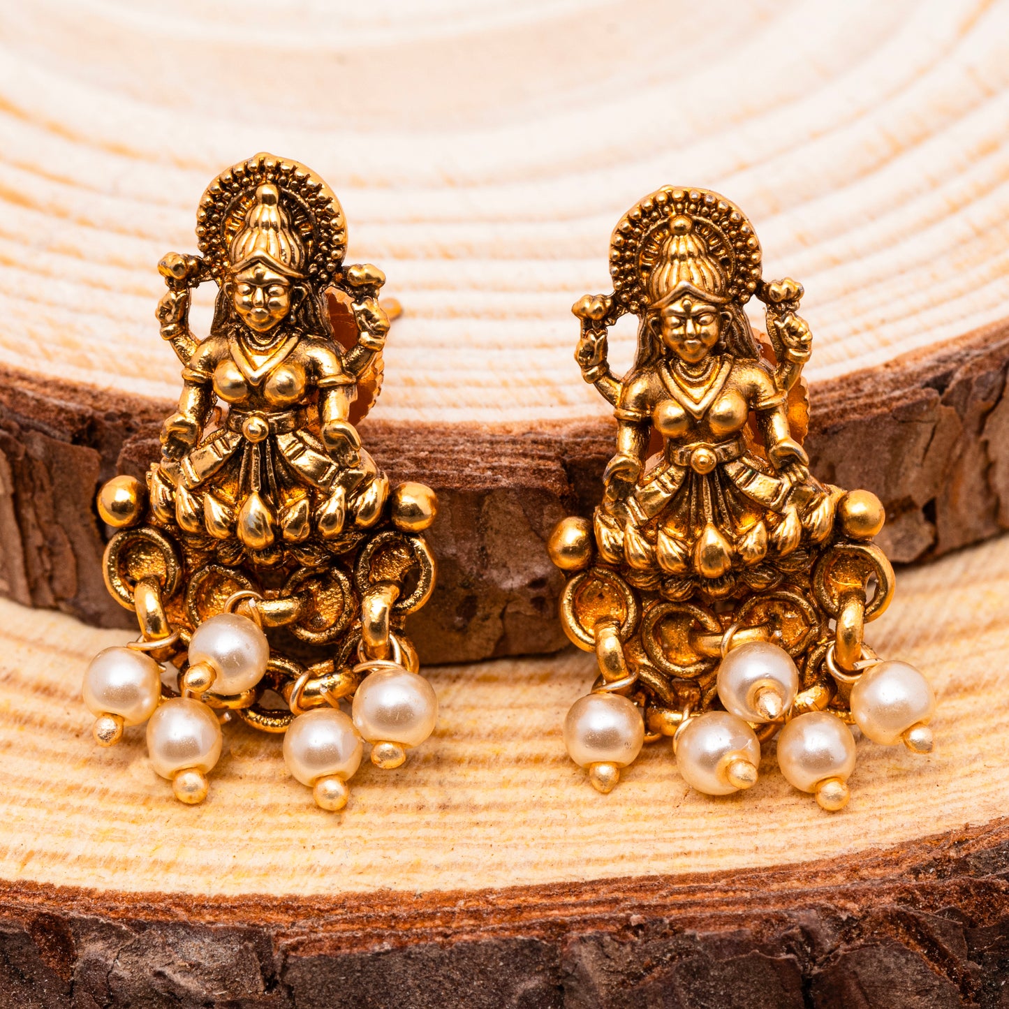 Ivory Pearl Studded Laxmi Brass Traditional Temple Studs in 18KT Gold Plated Matte finish