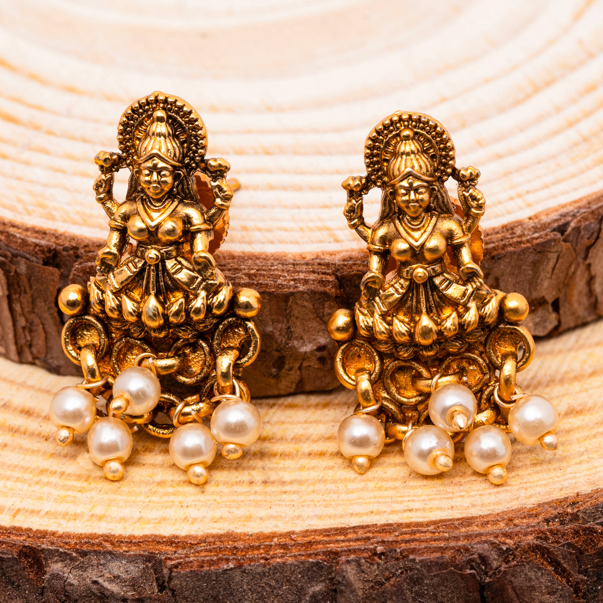 Laxmi Temple Studs with Ivory Pearls in 22K Matte Gold Finish