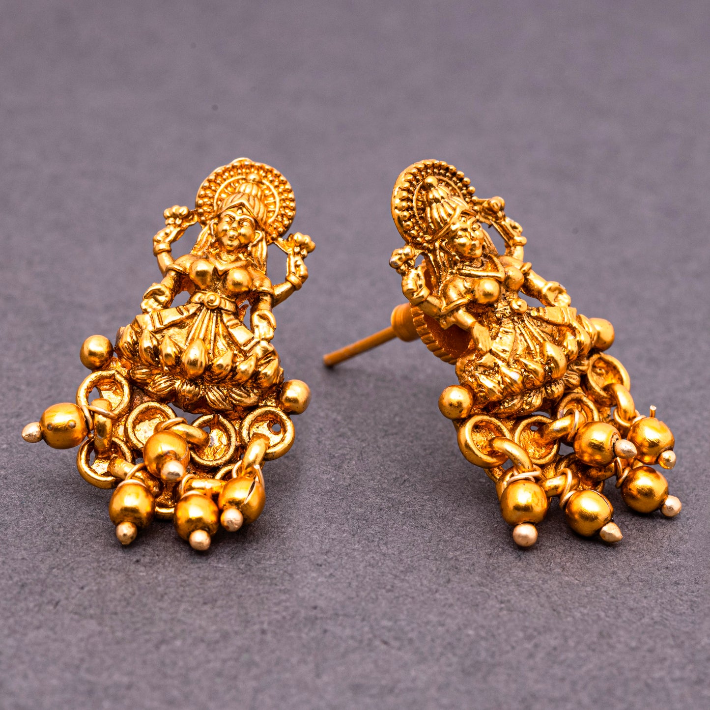 Small Size Laxmi Traditional Temple Studs Earrings in 22KT Gold Plated Matte finish