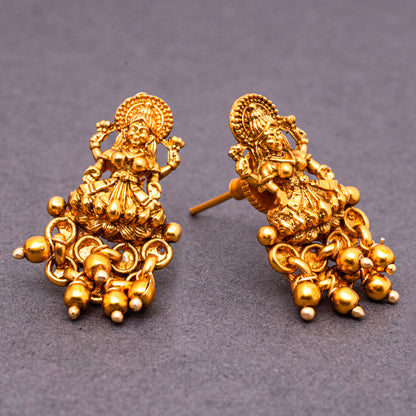 Small Size Laxmi Traditional Temple Studs Earrings in 22KT Gold Plated Matte finish