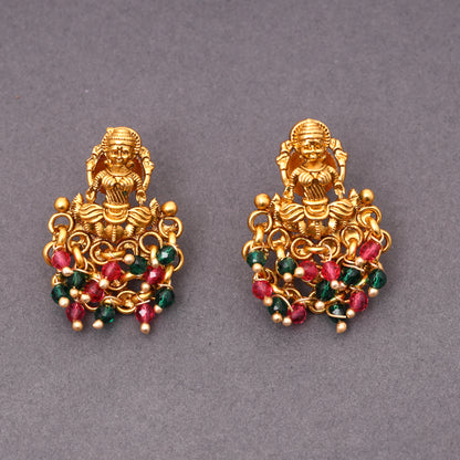 Traditional Temple Laxmi Studs in Brass 22KT Gold Plating Matte Finish studded with Red n Green Crystal Beads