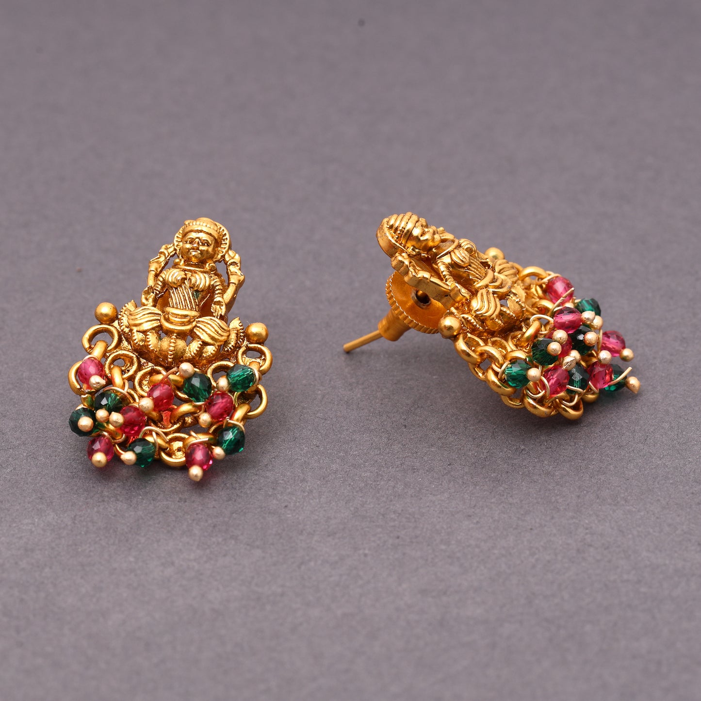 Traditional Temple Laxmi Studs in Brass 22KT Gold Plating Matte Finish studded with Red n Green Crystal Beads