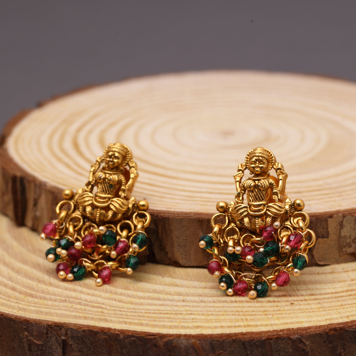 Divine Laxmi Studs in 22KT Matte Gold with Festive Red Green Motifs