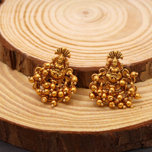 Laxmi Brass 22KT Gold Plated Matte Finish Studs with Golden Beads