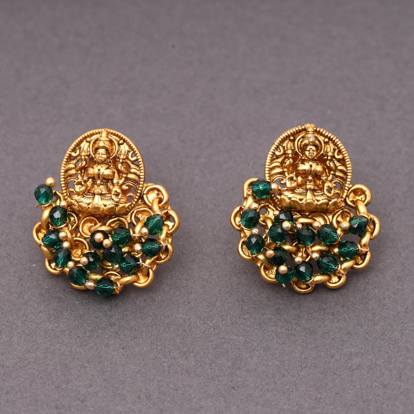 Brass Traditional Temple Laxmi Studs with Green Crystal Beads in 22KT Gold Plating Matte Finish