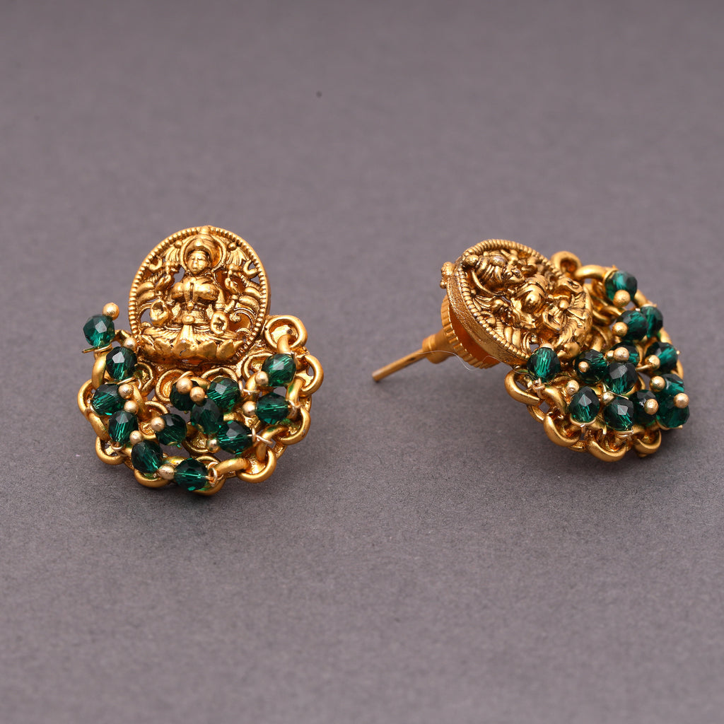 Elegant Laxmi Temple Studs with Green Crystals in 22KT Gold Matte