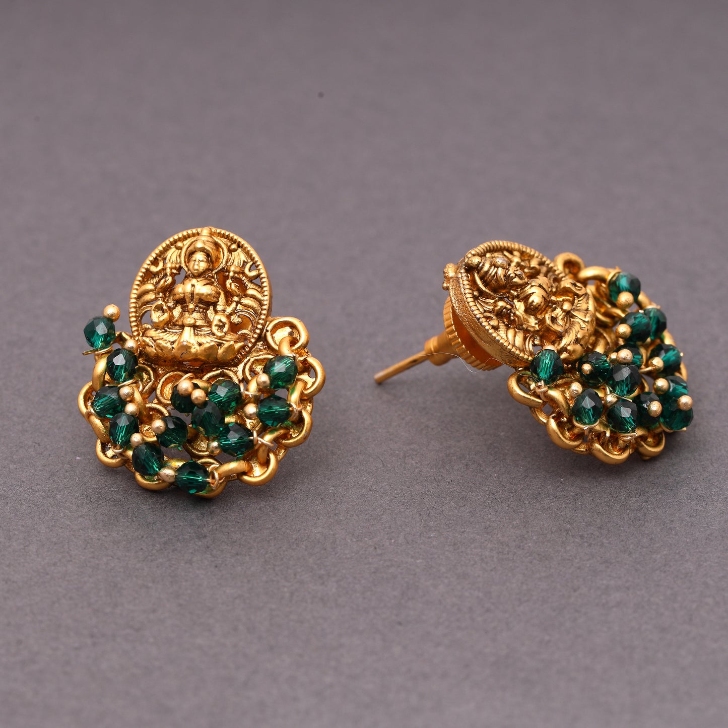 Brass Traditional Temple Laxmi Studs with Green Crystal Beads in 22KT Gold Plating Matte Finish