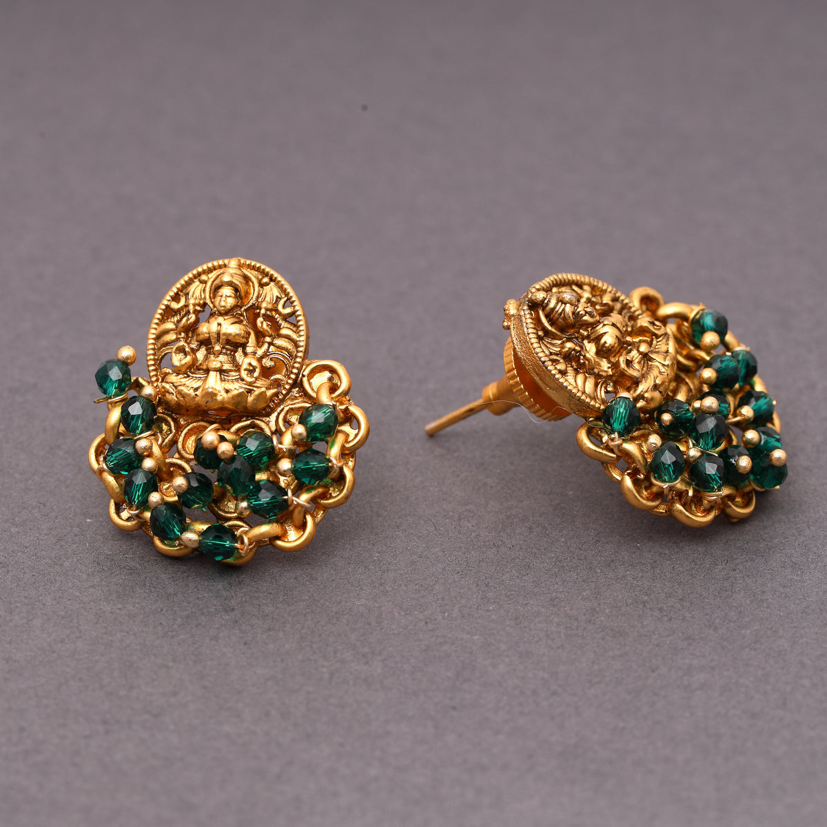 Elegant Laxmi Temple Studs with Green Crystals in 22KT Gold Matte