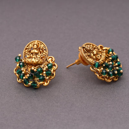 Brass Traditional Temple Laxmi Studs with Green Crystal Beads in 22KT Gold Plating Matte Finish