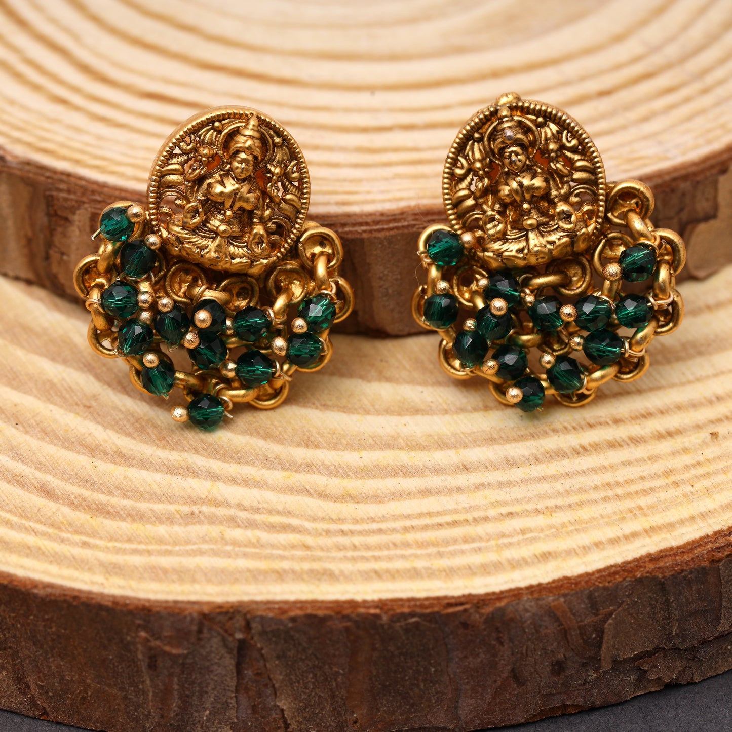 Brass Traditional Temple Laxmi Studs with Green Crystal Beads in 22KT Gold Plating Matte Finish