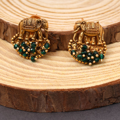 Traditional Temple Elephant Studs in Green beads Brass 22KT Gold Plated Matte Finish