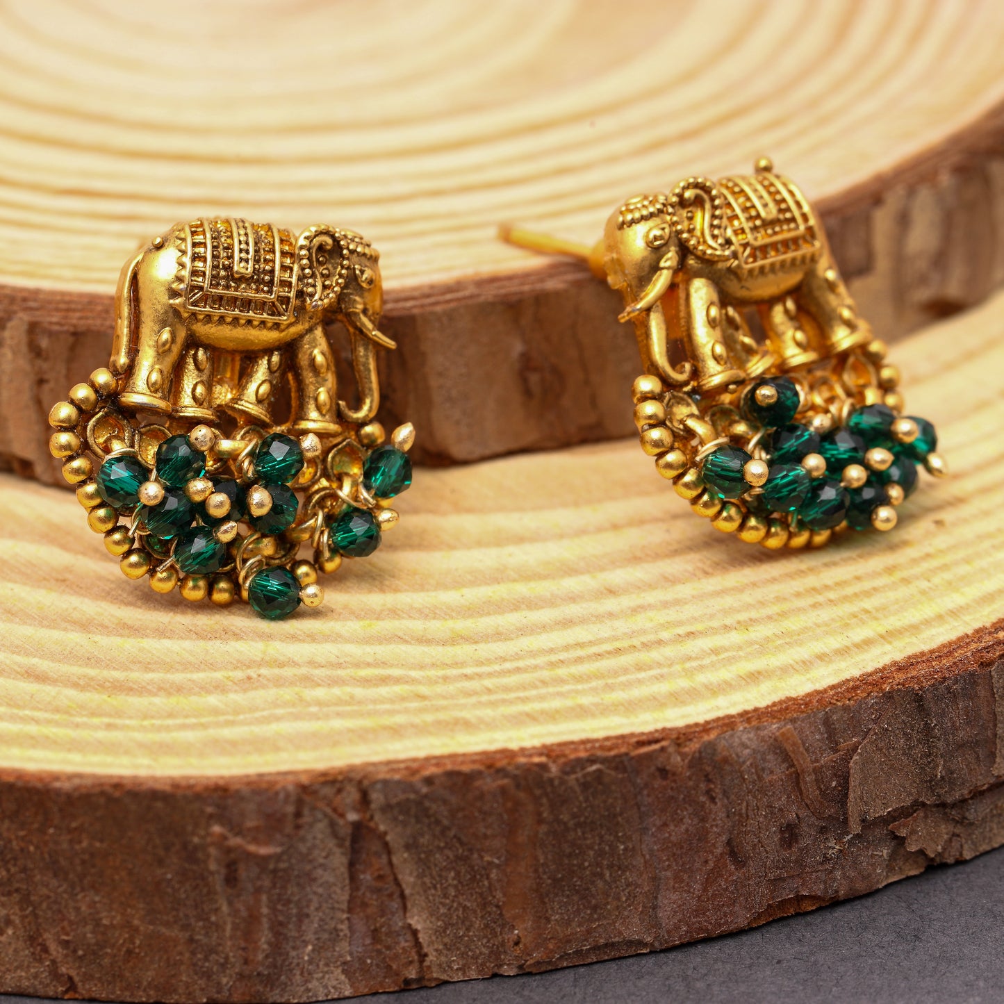 Traditional Temple Elephant Studs in Green beads Brass 22KT Gold Plated Matte Finish