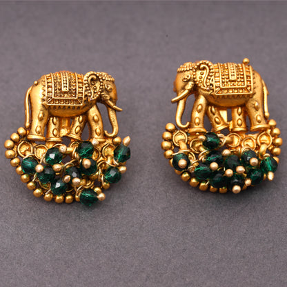 Traditional Temple Elephant Studs in Green beads Brass 22KT Gold Plated Matte Finish